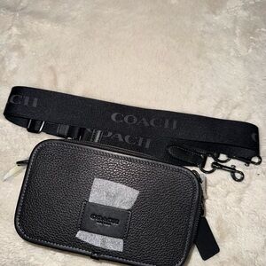 Coach Black Pebbled Leather Belt Bag with Logo Webbing Strap